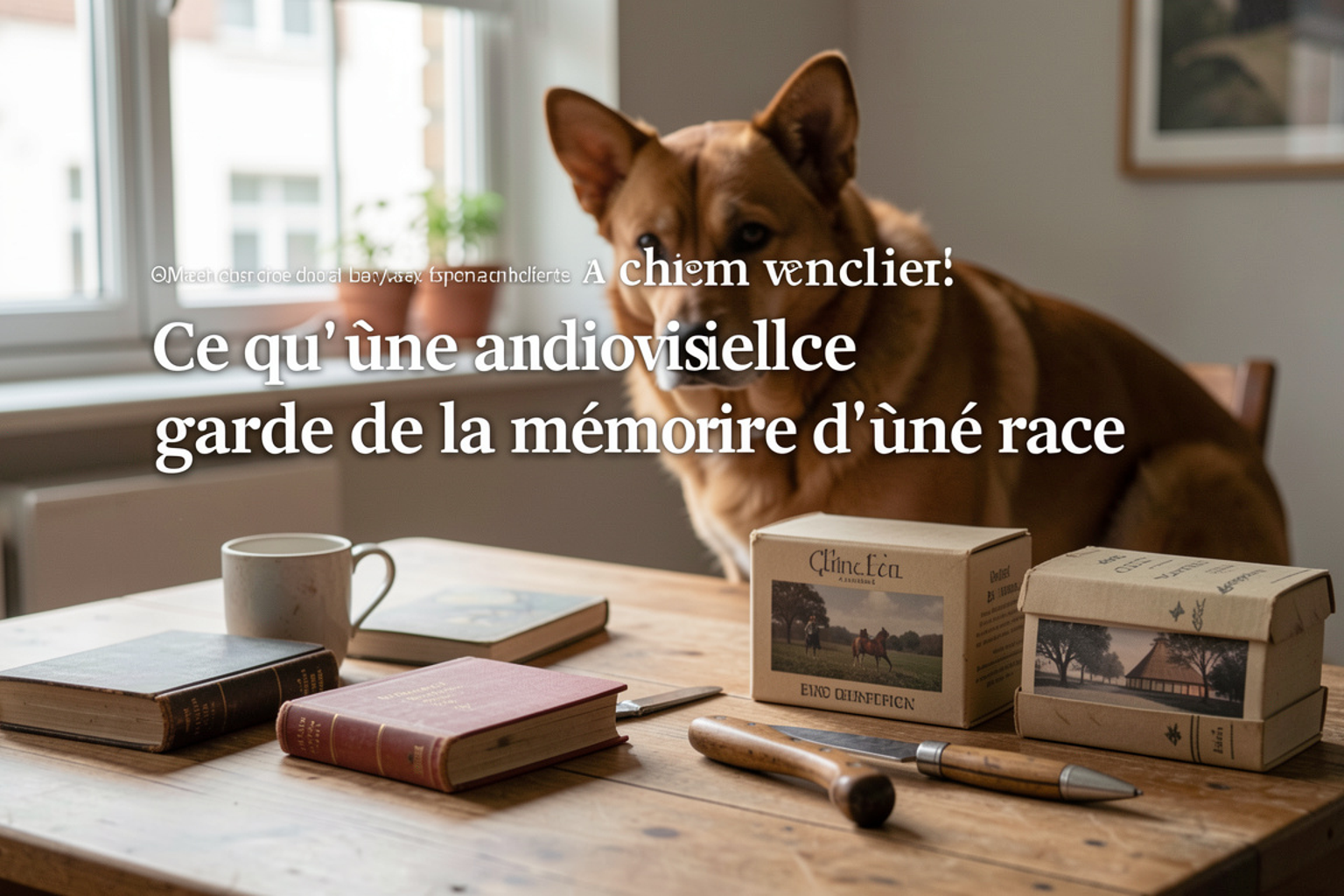 Table lumineuse d'archiviste avec des tirages photographiques anciens de chiens de race et une loupe, en lumière rasante de fin de journée