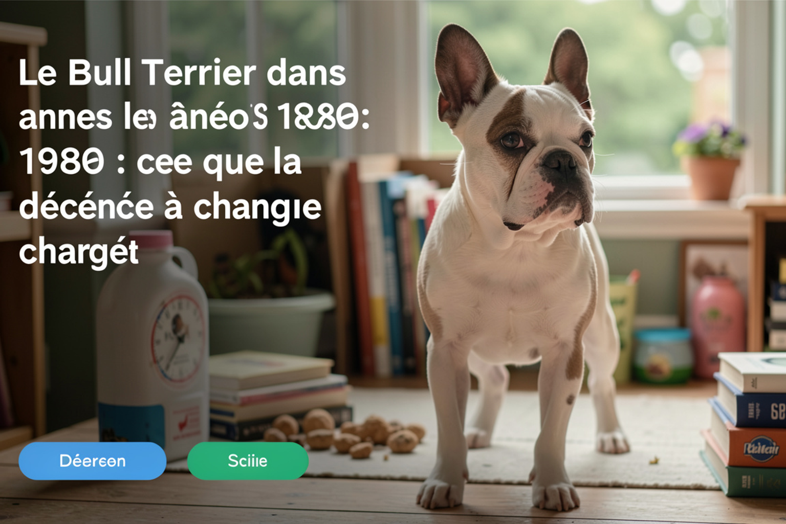 Publicité et magazines des années 1980 montrant un chien de type bull terrier, posés sur une table Formica avec un magnétoscope