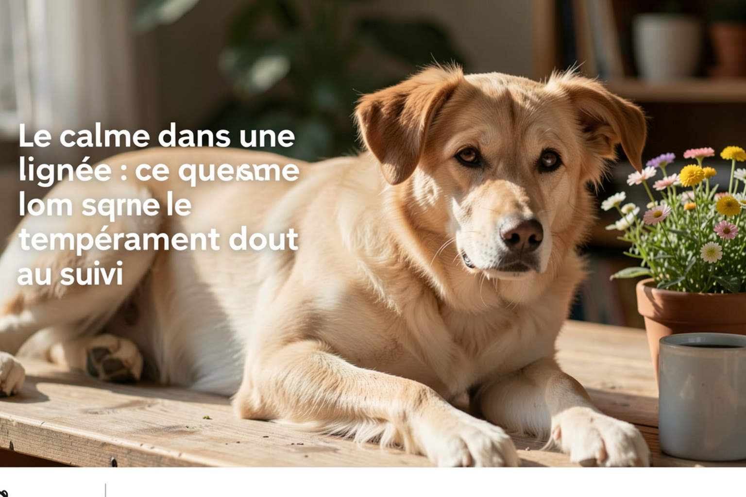 Bull terrier couché au calme dans un salon, main posée sur son épaule, carnet de notes ouvert sur la table basse, lumière du soir