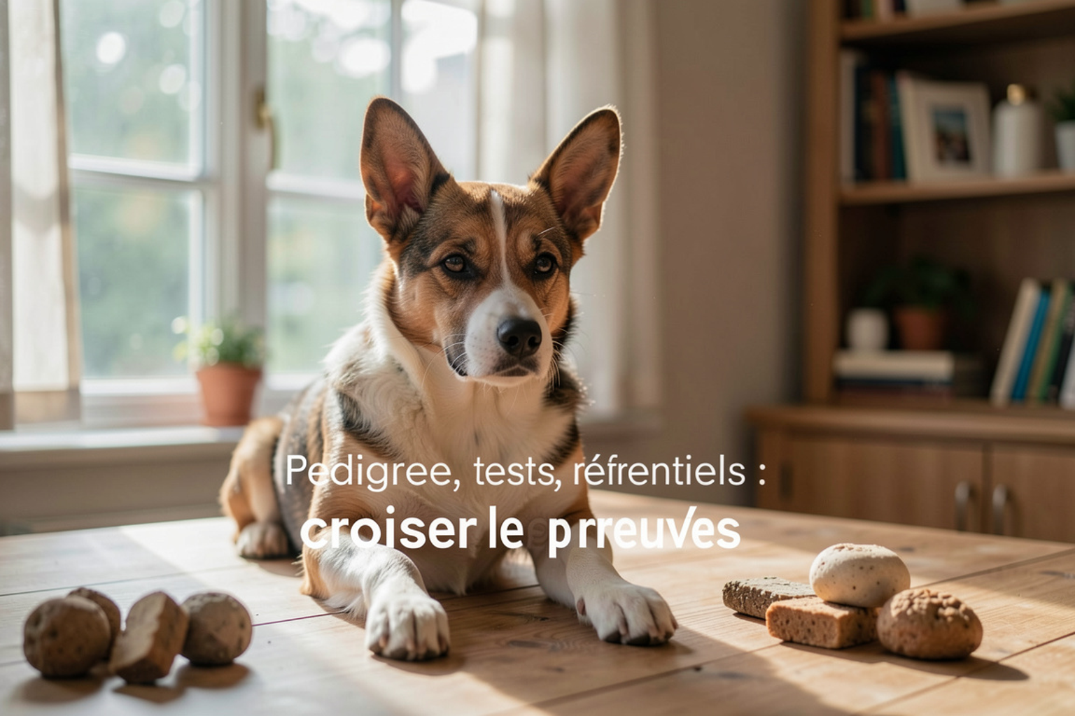 Table de travail avec un pedigree déplié, des résultats de tests vétérinaires et un écran affichant une fiche d'élevage, lumière de bureau neutre