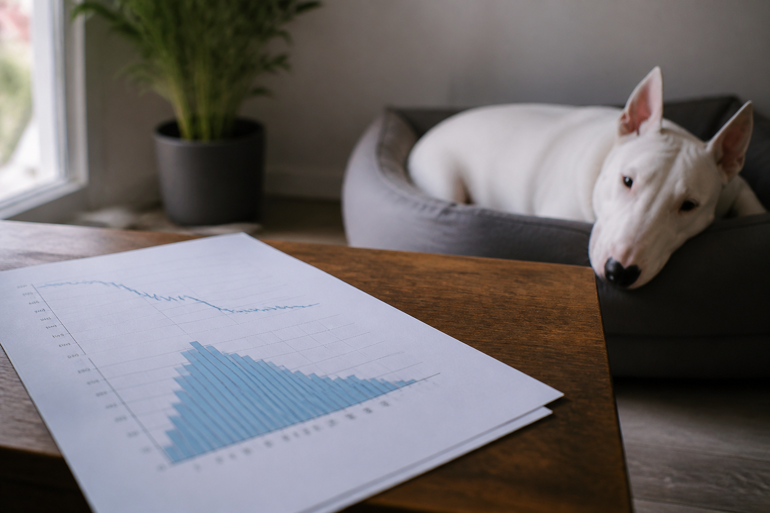 Graphique documentaire de la répartition de la longévité chez le Bull Terrier avec courbe de survie et âge médian