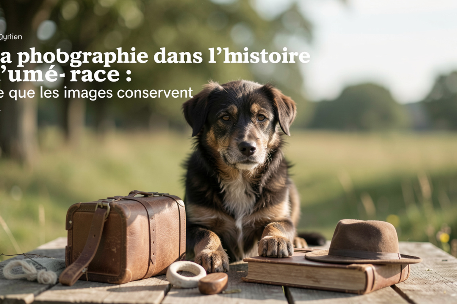 Album photographique ancien ouvert sur des portraits de chiens de race en sépia, posé sur une nappe, lumière de fenêtre douce