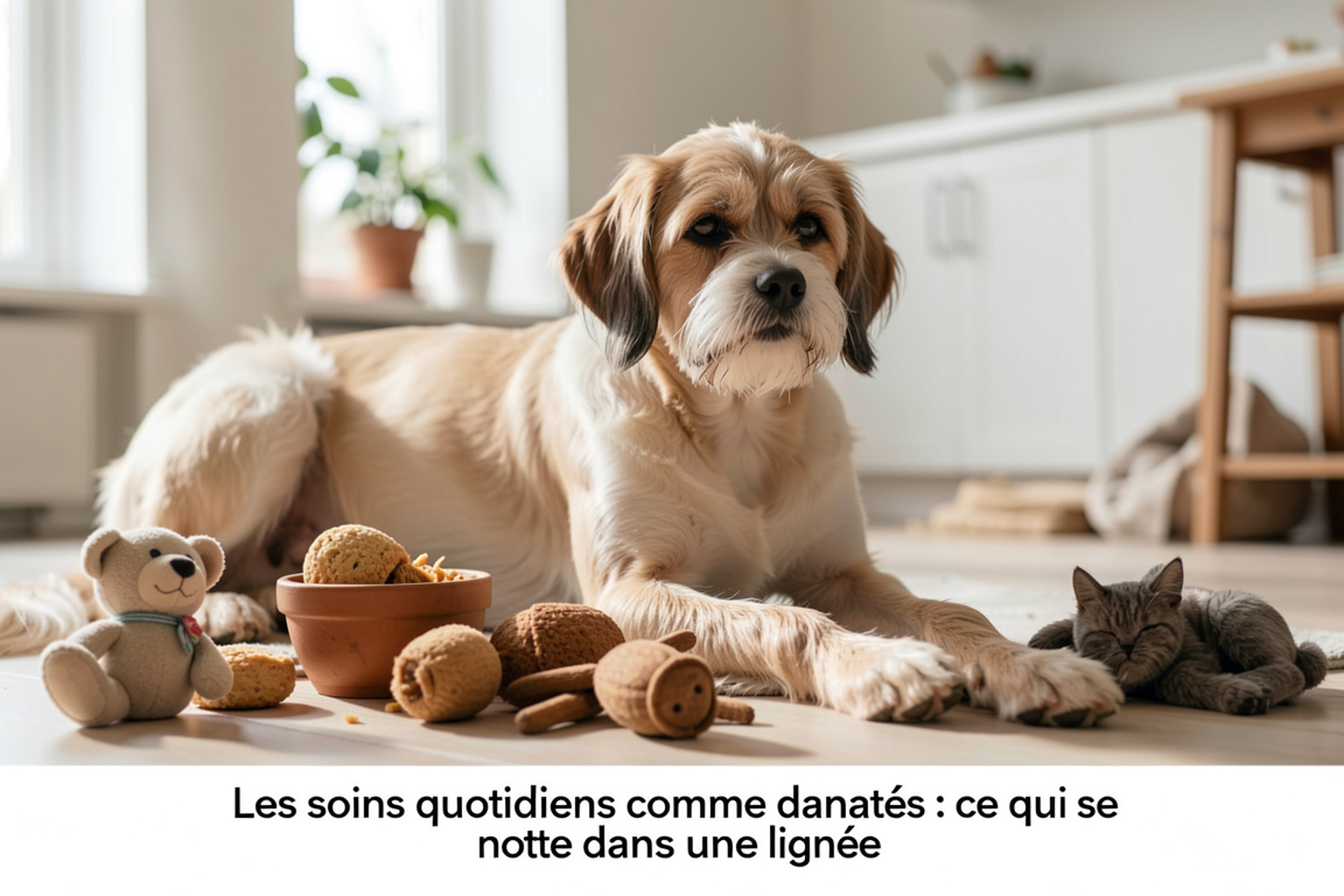 Main d'un propriétaire notant dans un carnet de suivi posé près d'un chien bull terrier couché, trousse de soins à côté, lumière domestique