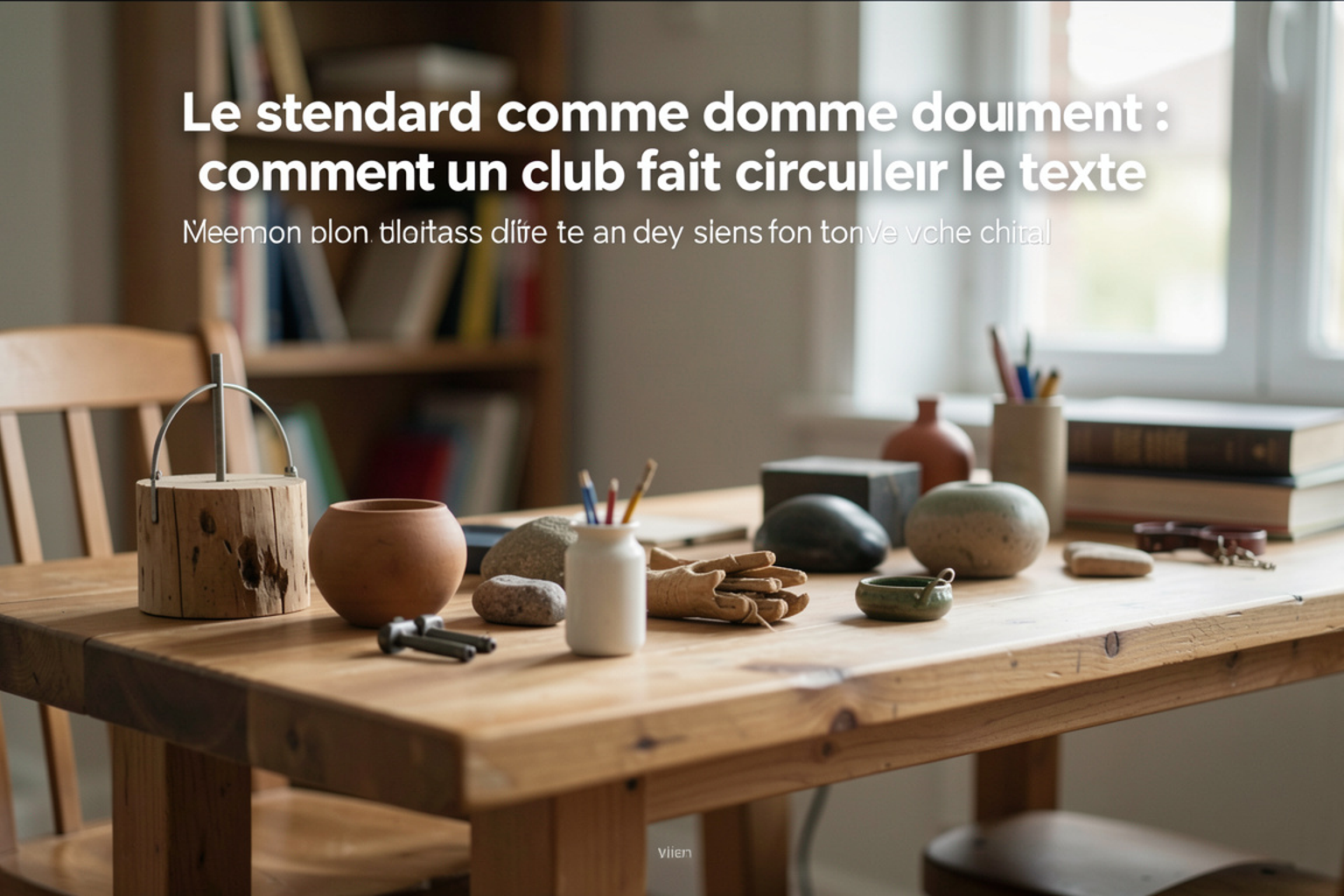 Table d'un club canin avec des plaquettes de standard imprimées, une affiche de race et des fiches de jugement, lumière de salle des fêtes